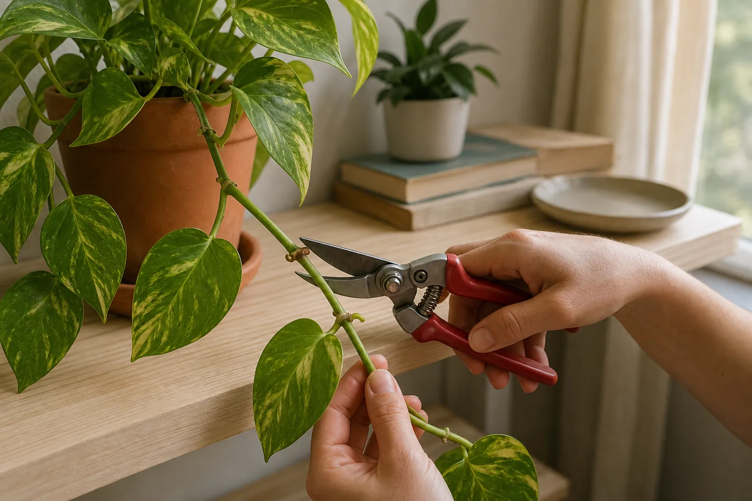 A hand holding clean pruning snips near a node on a pothos vine, with the cutting blade positioned just above the leaf joint.