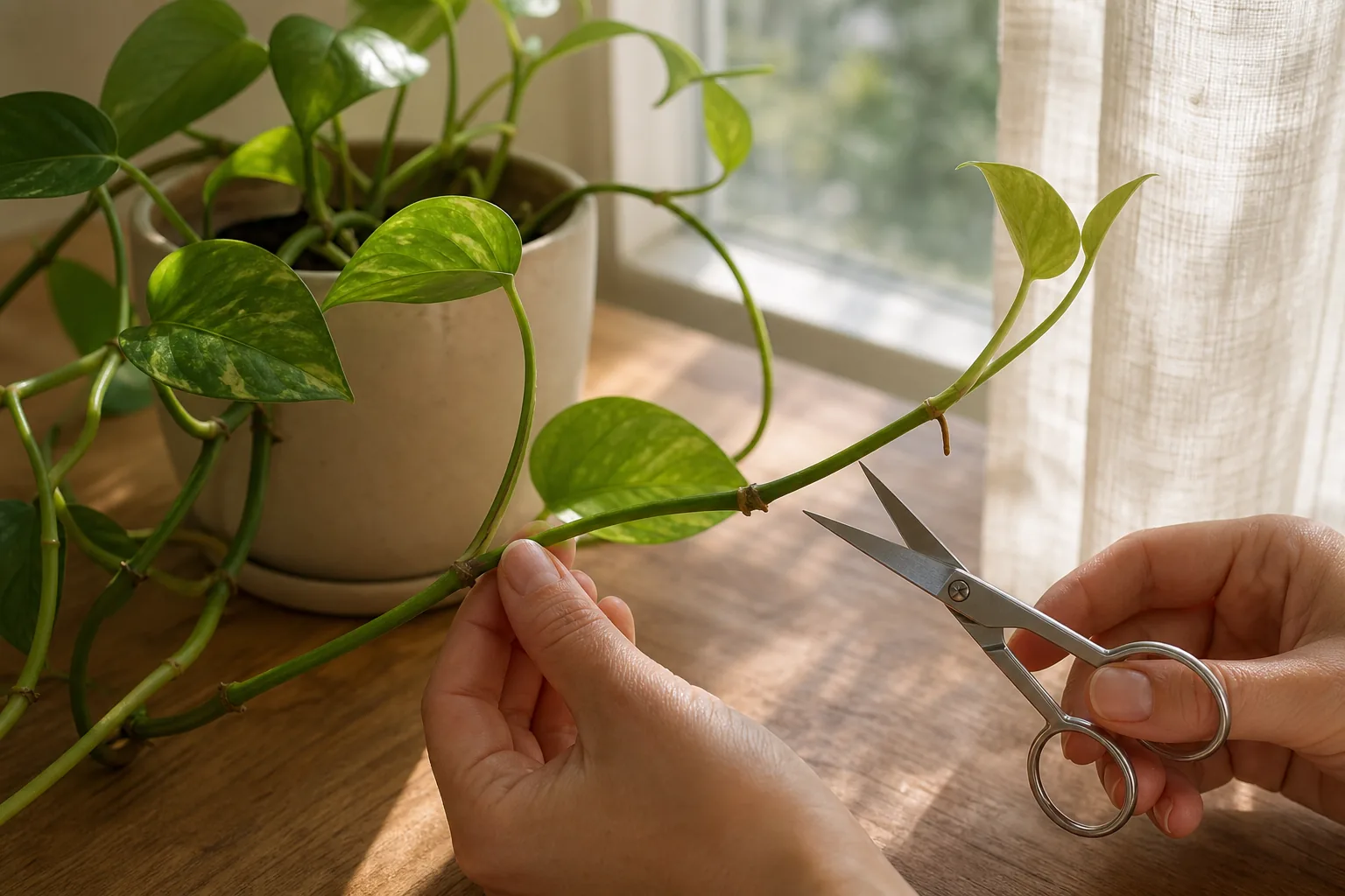 Hand holding clean pruning scissors above a node on a leggy pothos stem with bare internodes