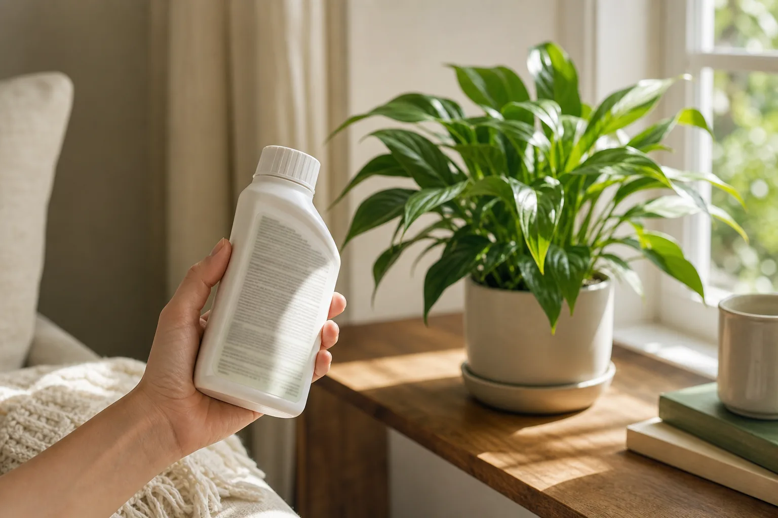 A hand holding a pesticide bottle and reading the front-panel label before indoor use on a houseplant.
