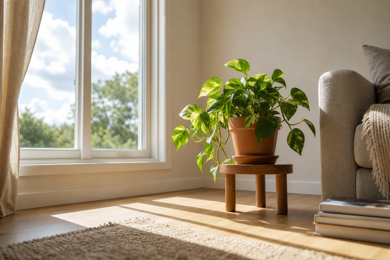 A houseplant placed near a sunlit window with shadows crossing the floor, illustrating how to read natural light in a real room.