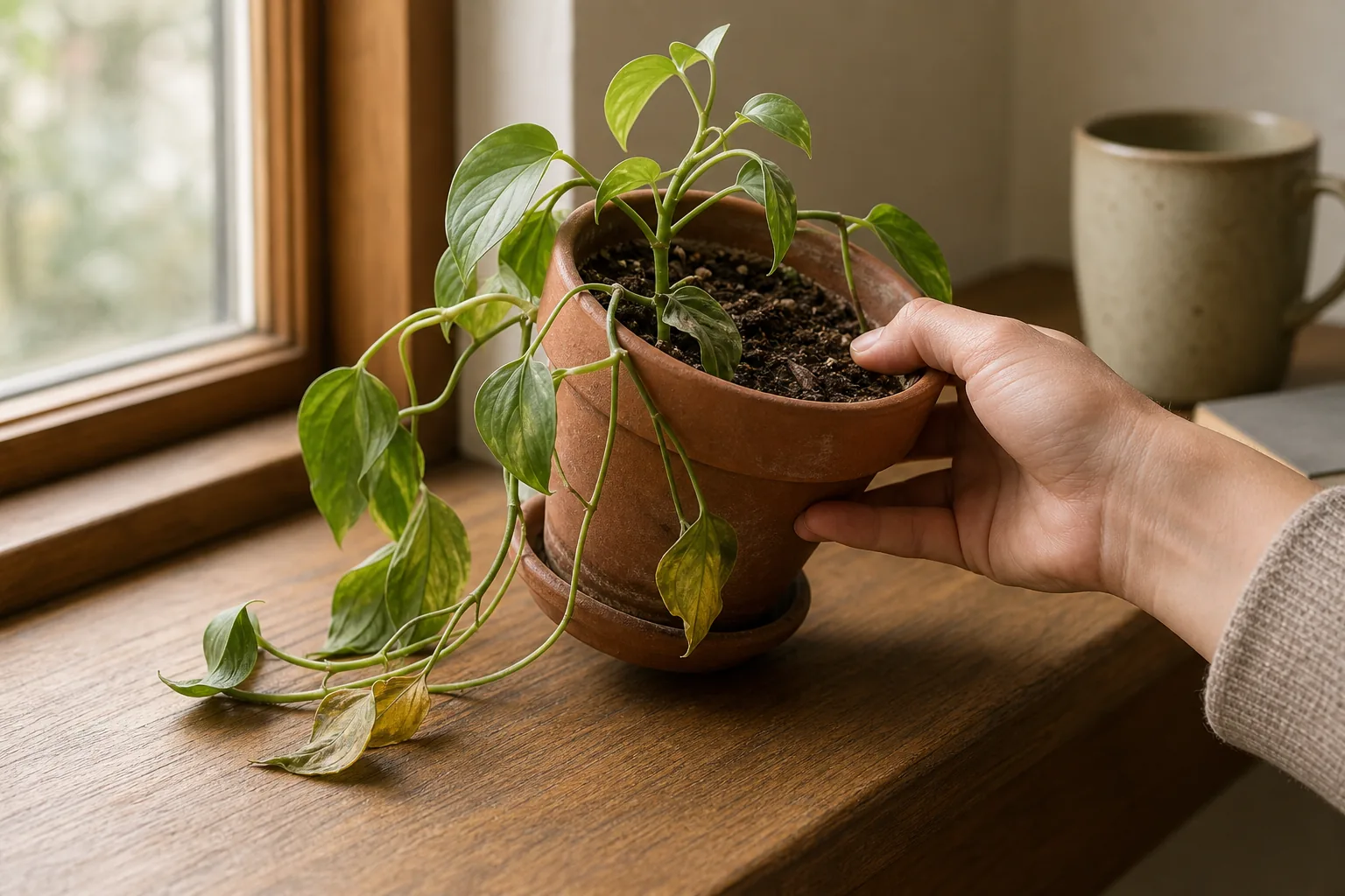 A wilted pothos on a windowsill next to a hand lifting the pot to check weight, illustrating the first observation step before any rescue move.