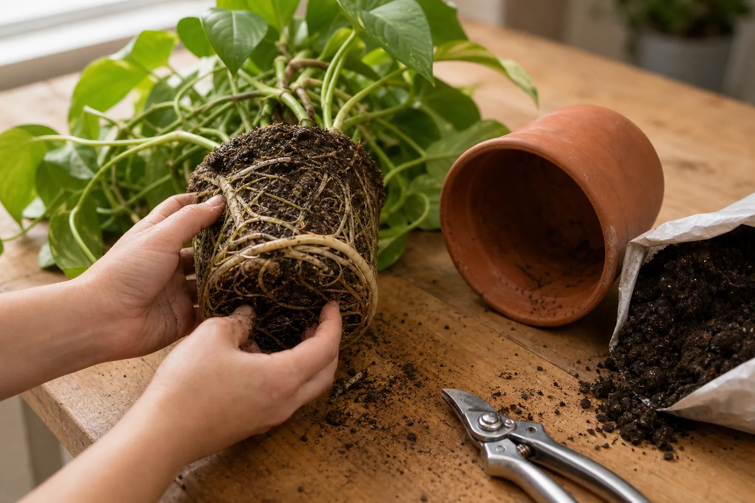 Hands loosening the rootball of a houseplant lifted from its pot, with pruners and fresh potting mix on a clean work surface.