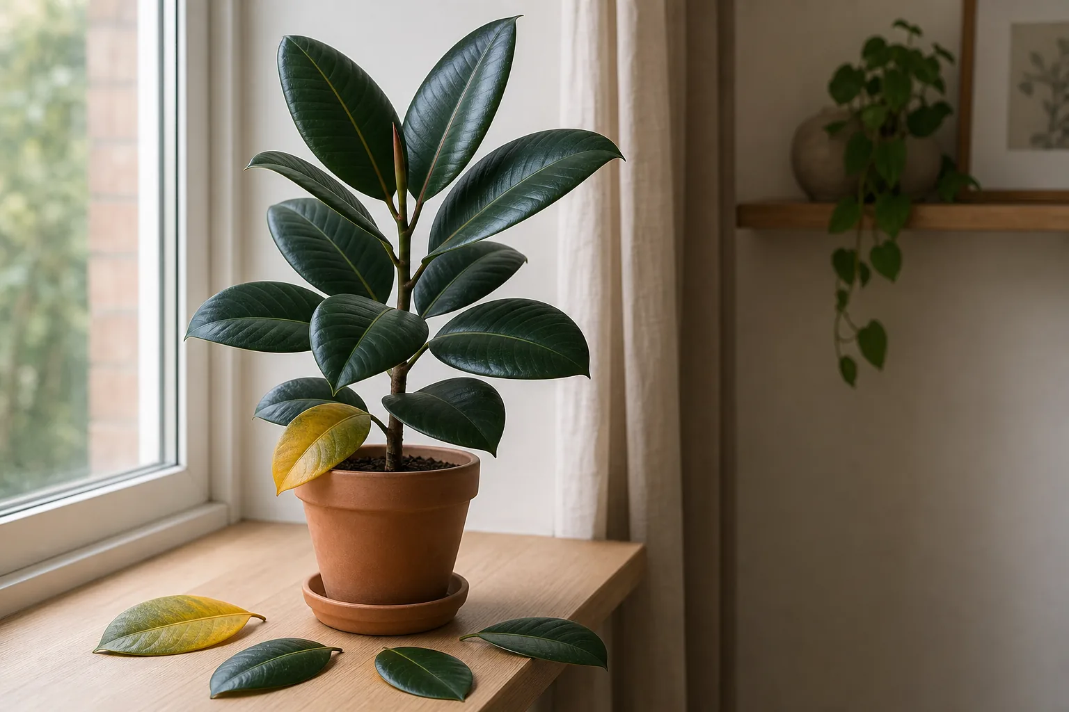 Indoor rubber plant with several yellowed lower leaves resting on a windowsill next to a few already-dropped leaves on the surface.