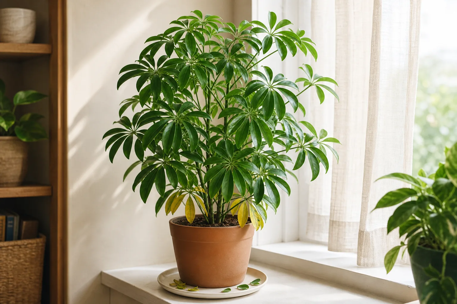 A schefflera umbrella plant on a bright, draft-free windowsill, with a few older lower leaflets that have dropped onto the saucer.