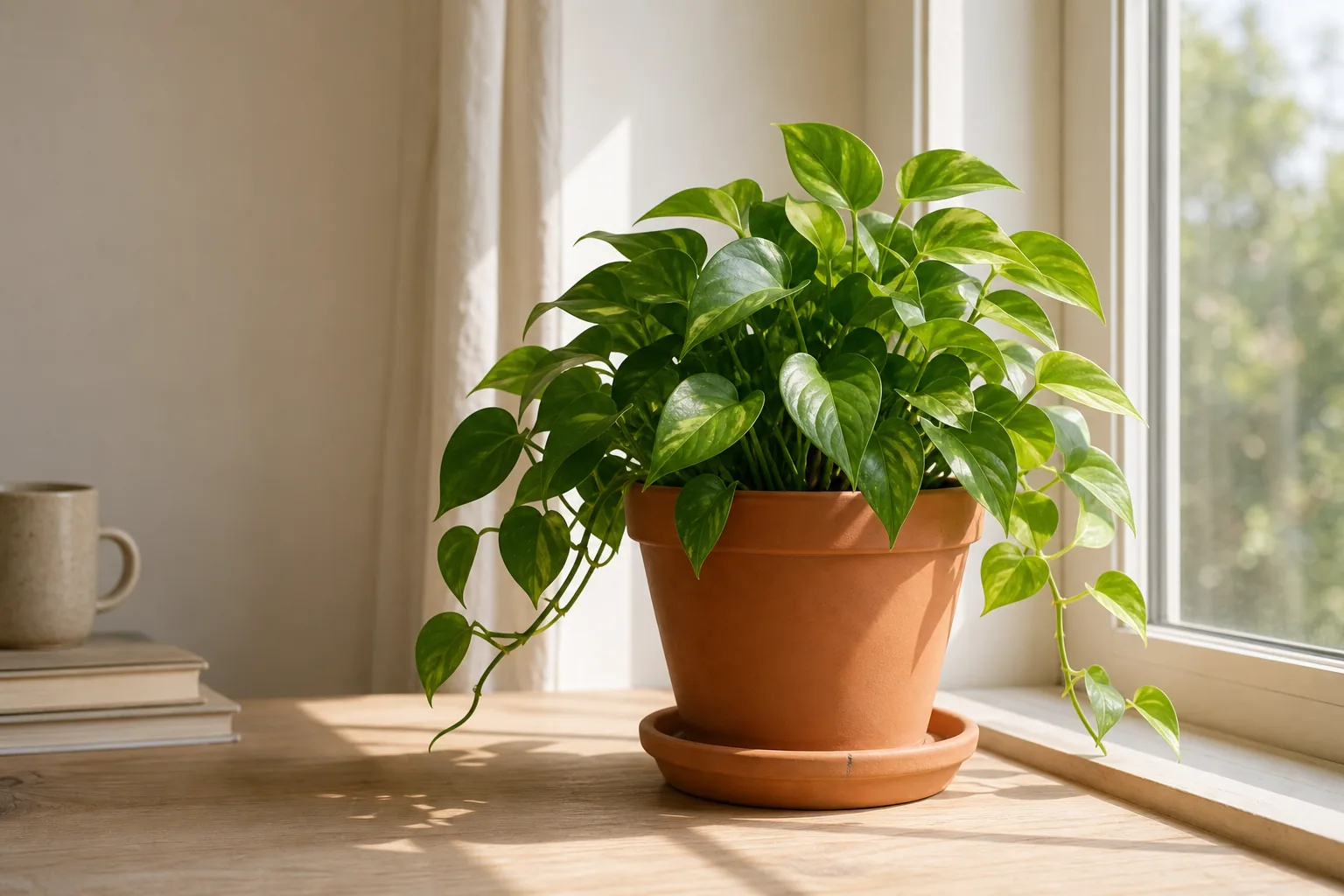 A potted houseplant on a windowsill with a small pencil tick mark on the saucer to track a quarter turn.