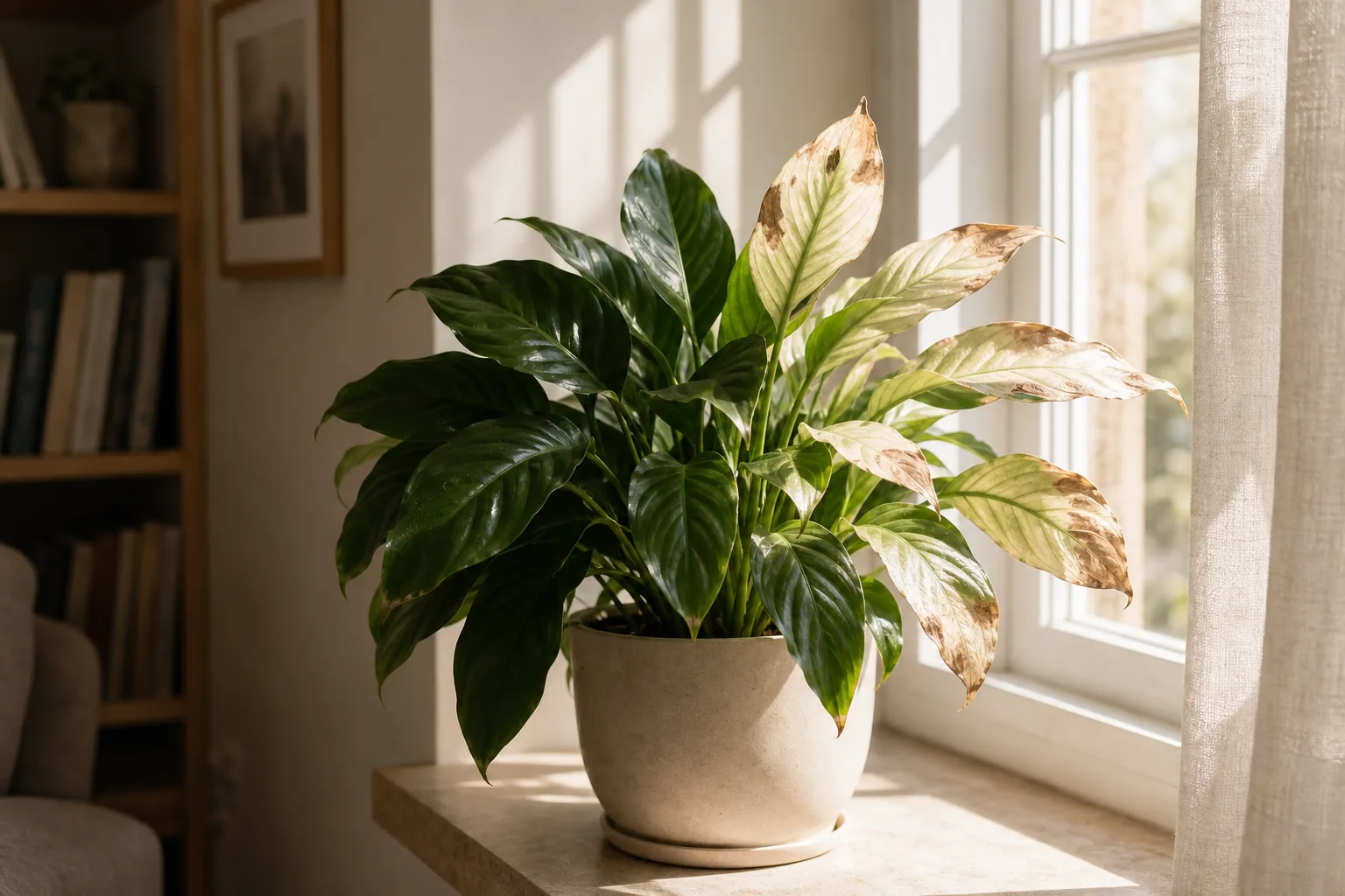 A houseplant with bleached and brown patches on the leaves closest to the window, while leaves facing into the room stay green.