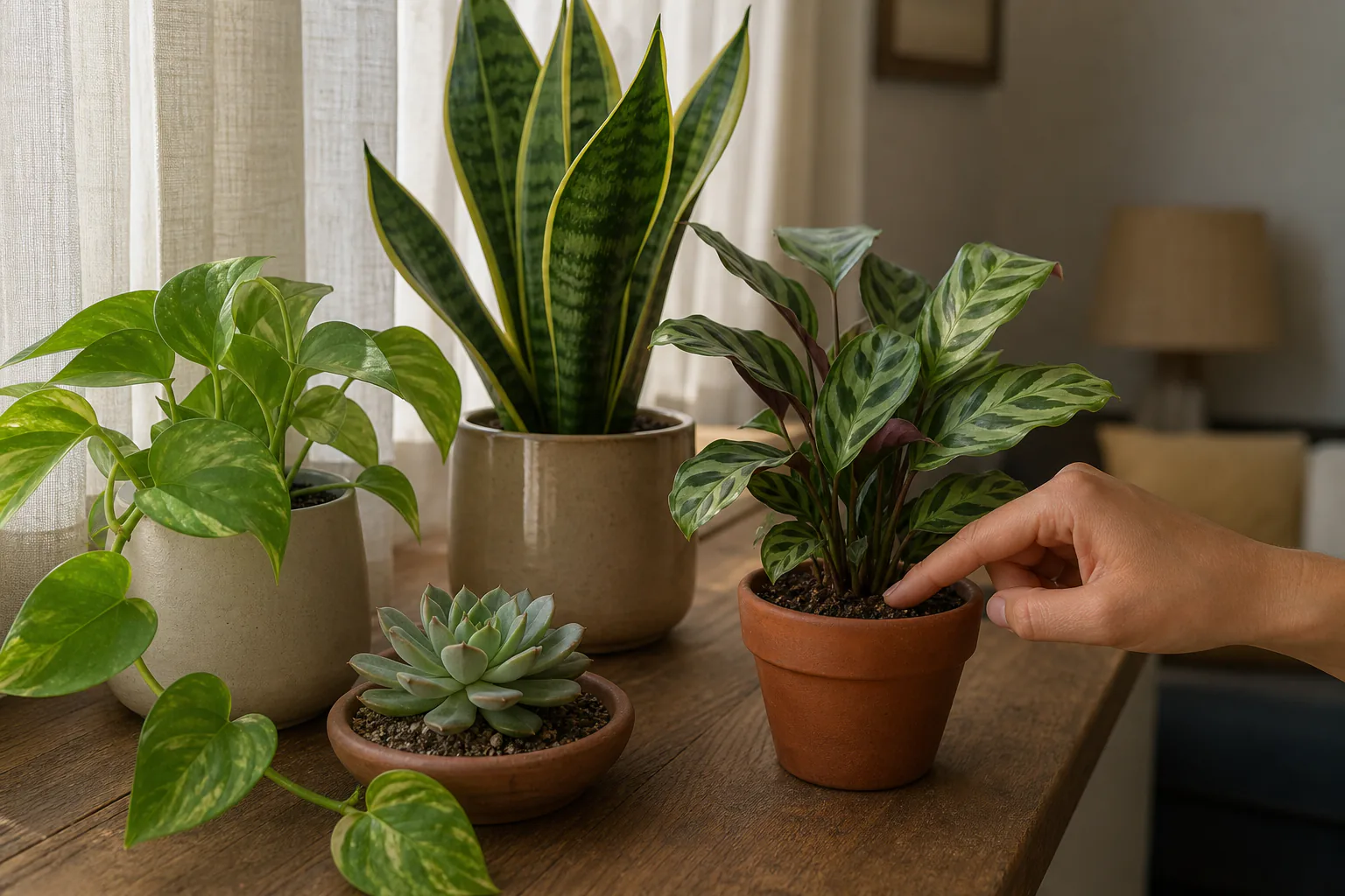 Indoor plants on a sunny windowsill with a hand gently touching the soil of a small pot to check moisture.