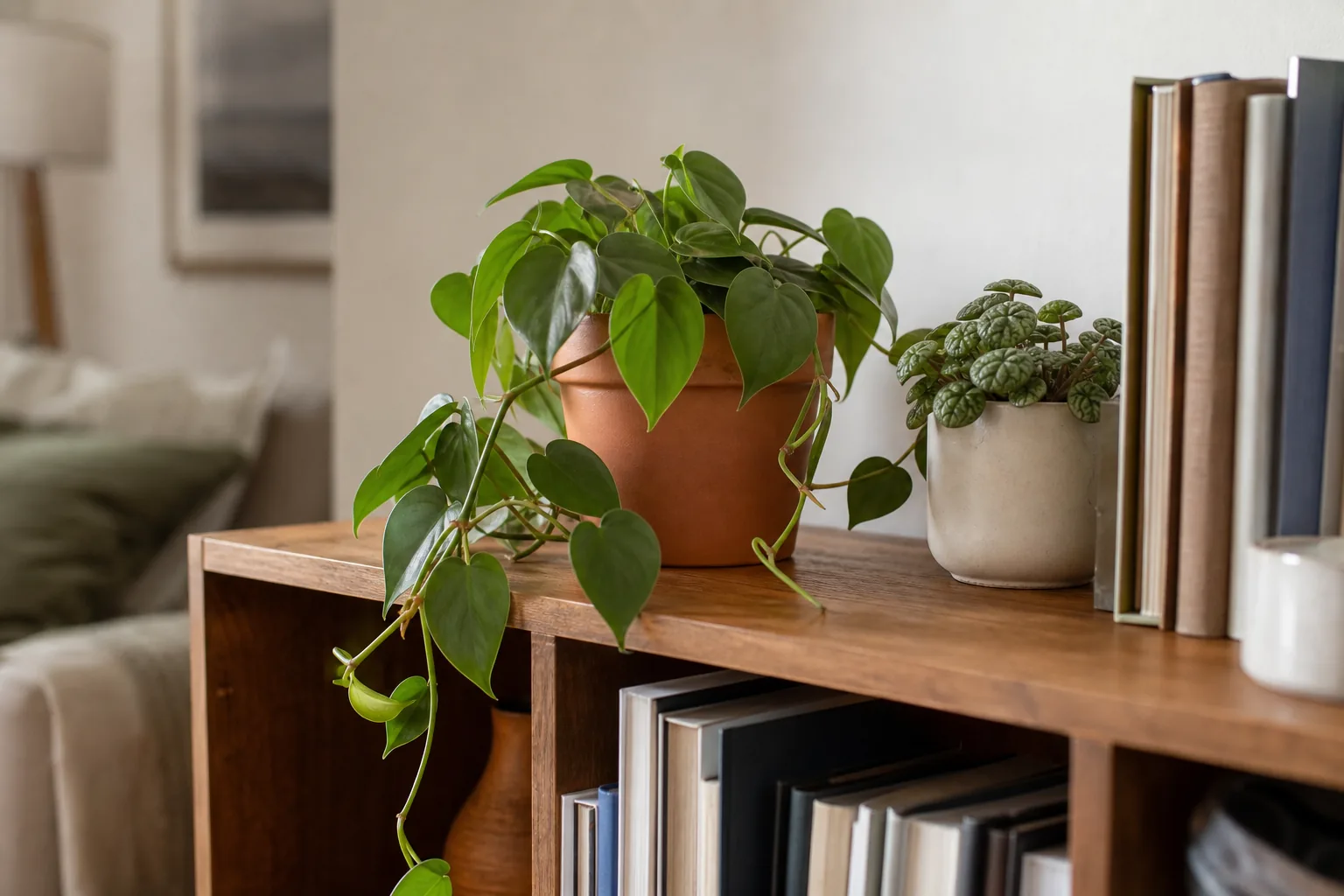 A small potted houseplant sitting on a wooden bookshelf with a trailing vine spilling toward the shelf edge