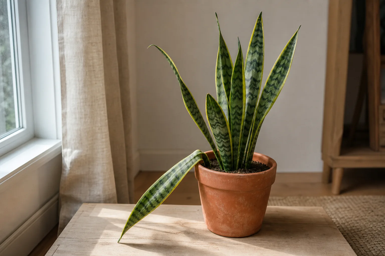 Indoor snake plant (Dracaena trifasciata) with one outer leaf bent outward from the rosette, photographed near a window for a troubleshooting guide on flopping and falling leaves.