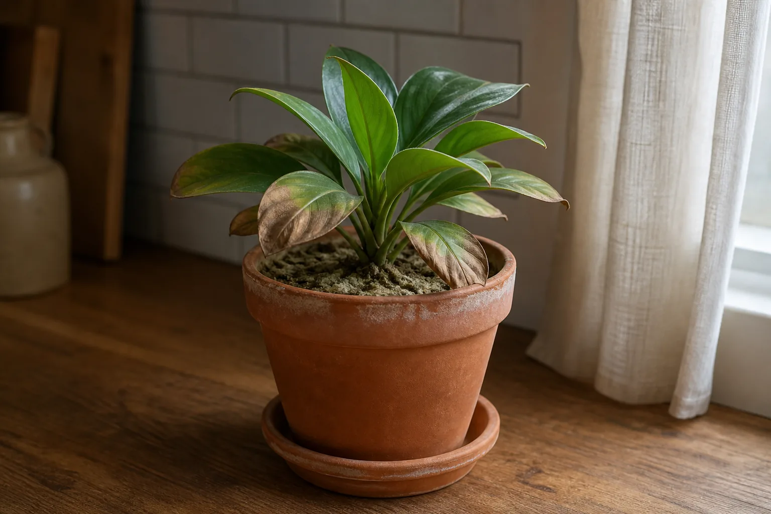A small houseplant in a terra-cotta pot with a faint white crust on the soil surface and slightly browned leaf tips.