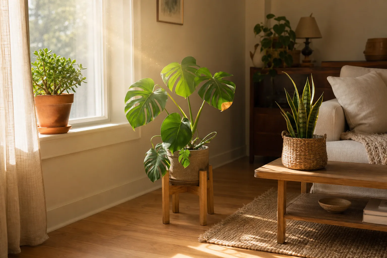A bright south-facing window with houseplants placed at different distances from the glass, illustrating the direct sun, bright indirect, and ambient light zones.