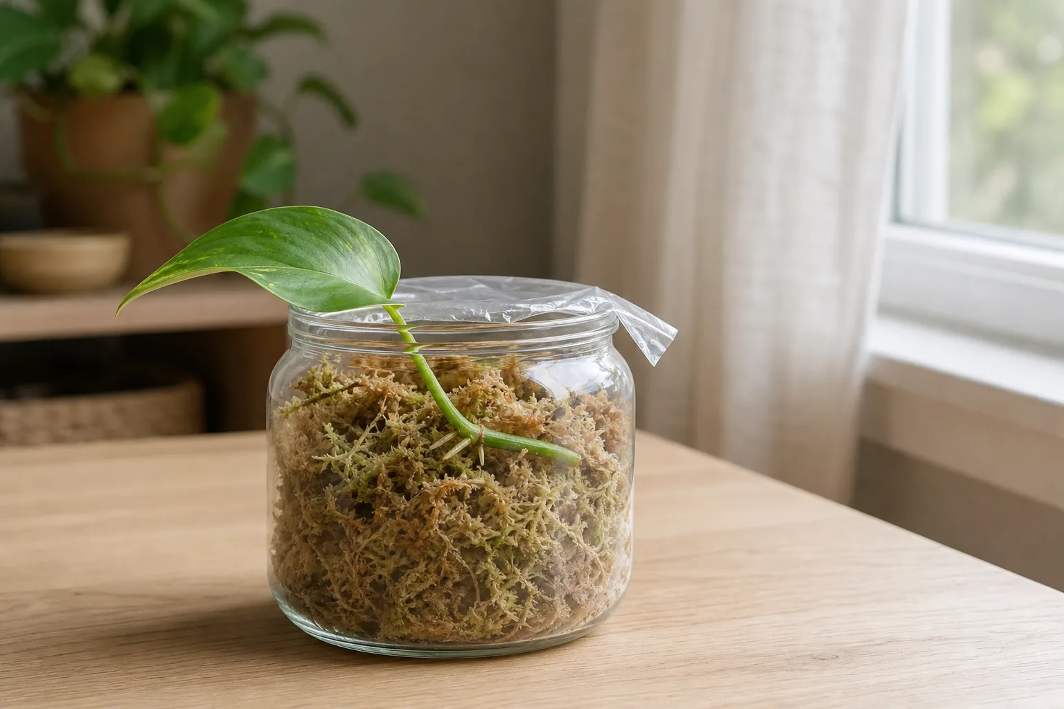A clear container with damp long-fiber sphagnum moss and a single stem cutting resting on top, with a small vent left in the lid for airflow.