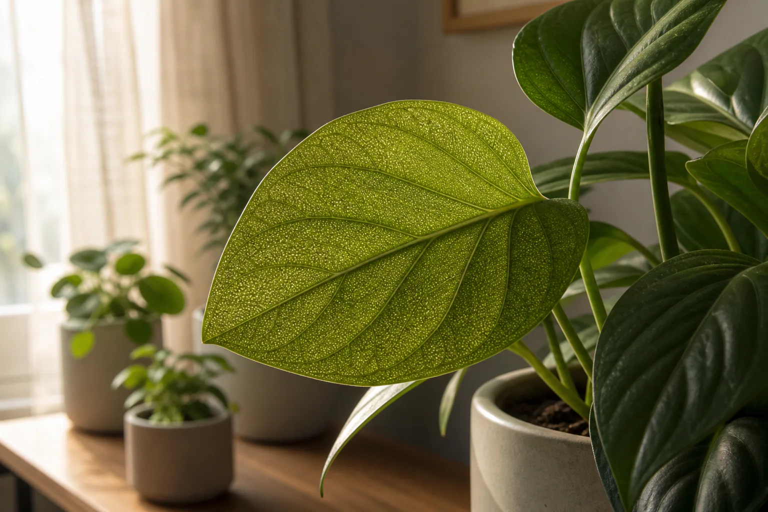 Close-up of a houseplant leaf showing fine pale stippling and a faint dusty pattern characteristic of early spider mite damage, with light passing through the leaf