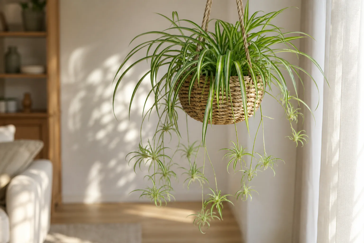 Photo for guide: Spider plant care in a real room: light, water, and what to do with the plantlets