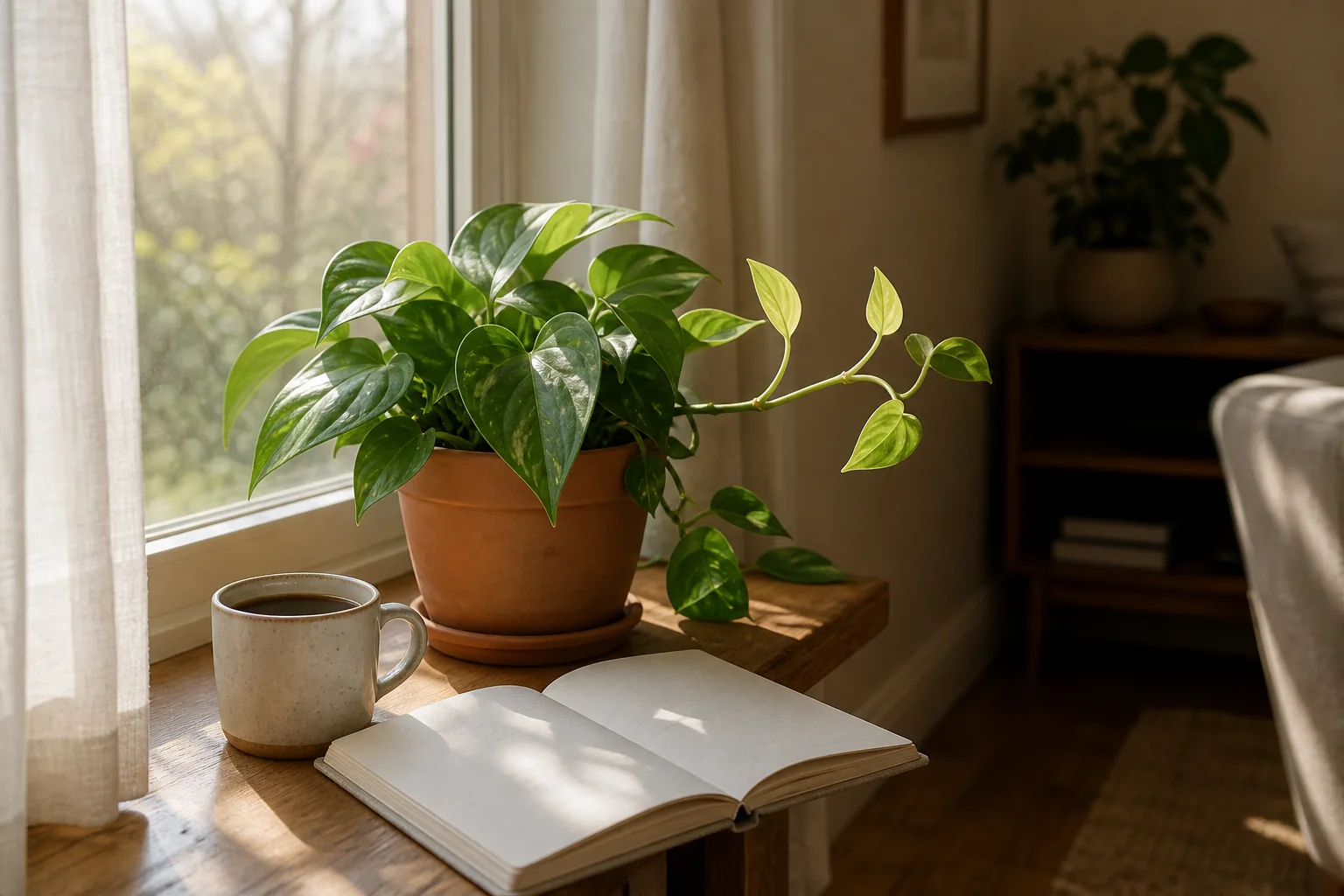 A houseplant on a sunlit windowsill with new spring leaves emerging from the crown.