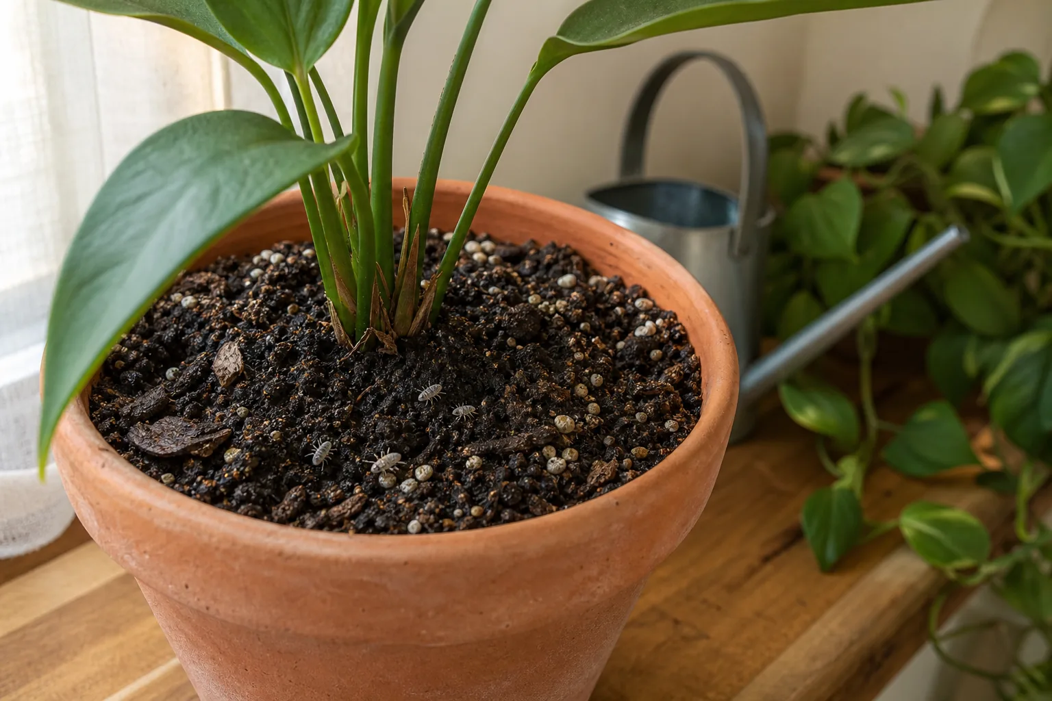 Close-up view of moist potting mix in a houseplant pot, with a few tiny pale springtails visible on the soil surface.