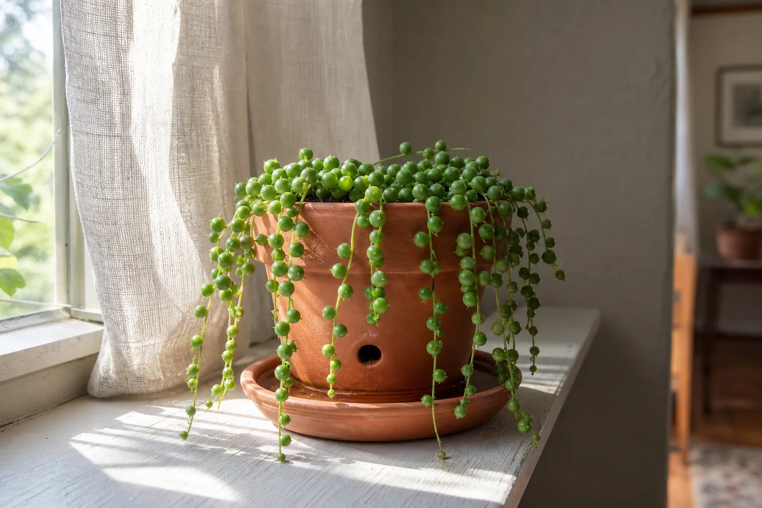 A string of pearls plant trailing from a small terracotta pot on a bright windowsill, with plump green spherical leaves spaced along thin stems.