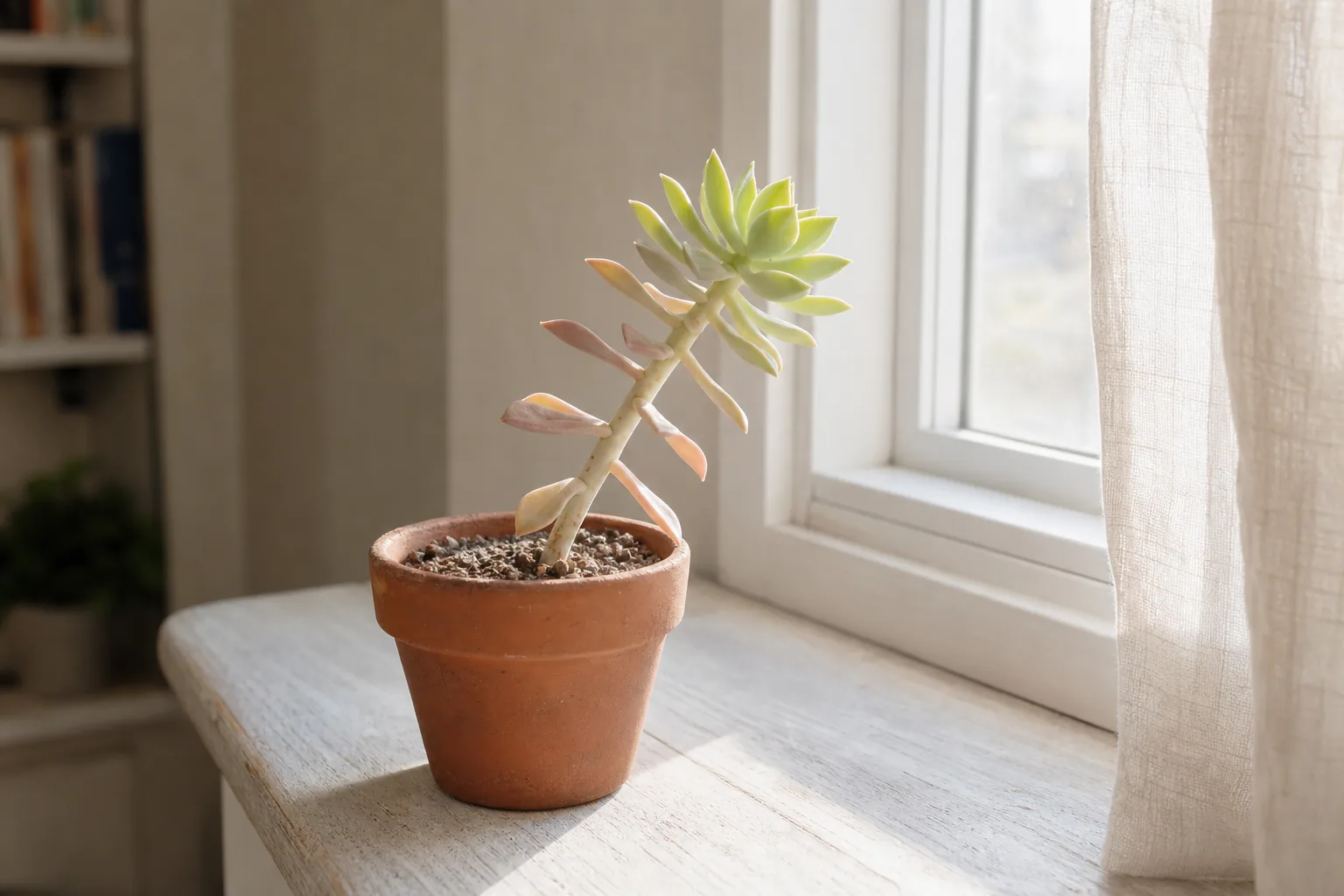 Indoor Echeveria succulent on a windowsill with visibly elongated stem and small pale new leaves leaning toward the window