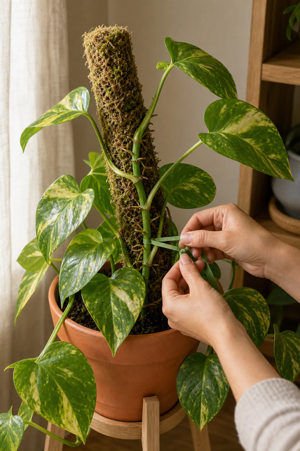 Person gently tying a pothos stem to a moss pole with soft plant tape in a bright room