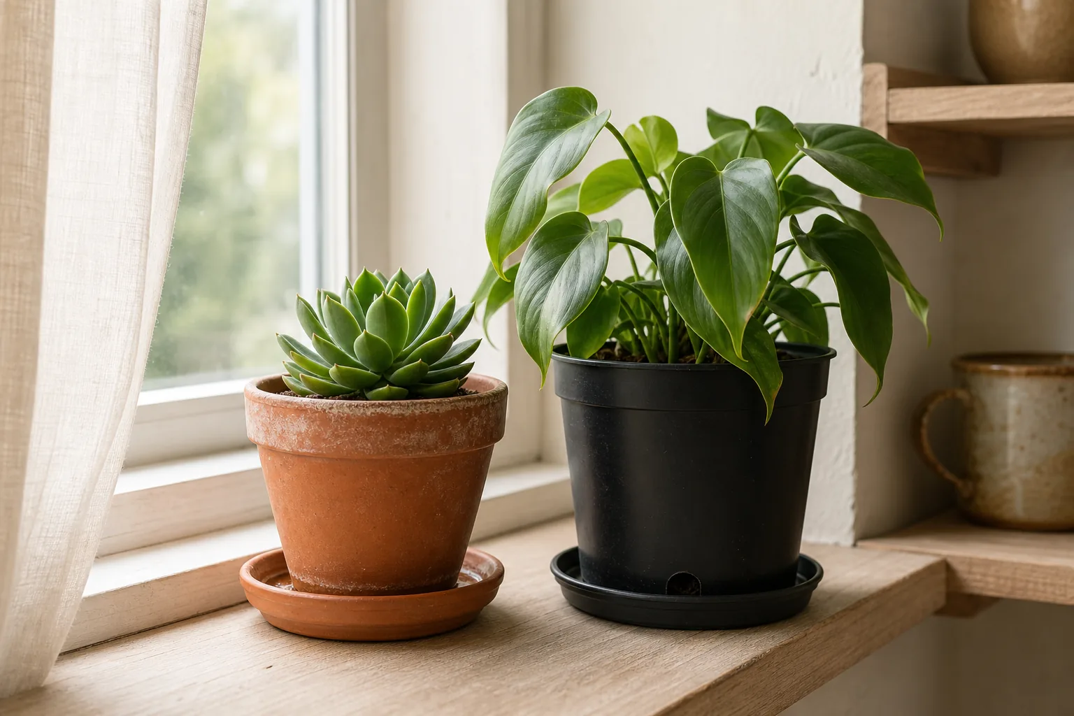 Two houseplants side by side, one in an unglazed terracotta pot and one in a standard plastic nursery pot, on a bright windowsill.