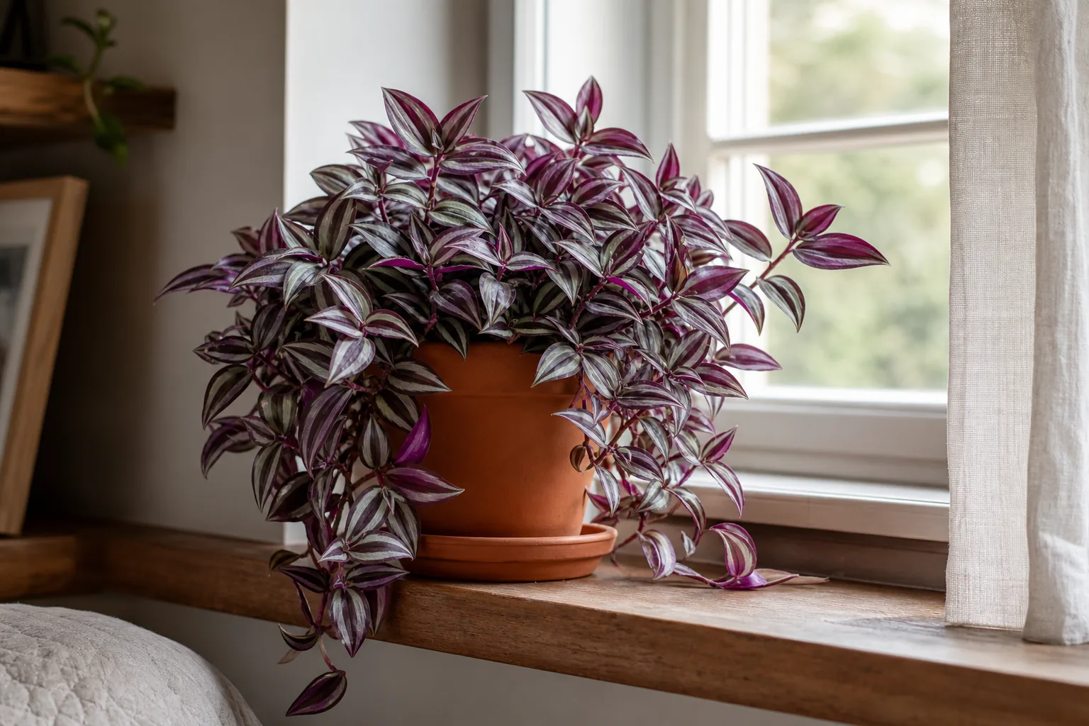 Potted indoor Tradescantia with variegated purple and silver-striped leaves trailing over the edge of a bright window-side container.