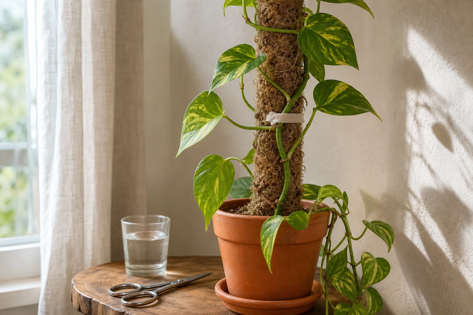 Indoor pothos vine anchored to a moss pole with a soft plant tie placed at a node, with a small aerial root nub pressed against the pole