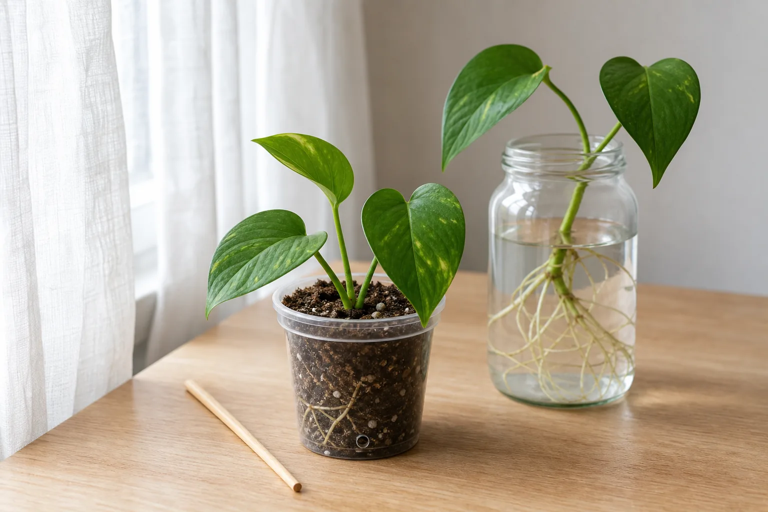 A small rooted pothos cutting in a nursery pot being watered through fresh potting mix