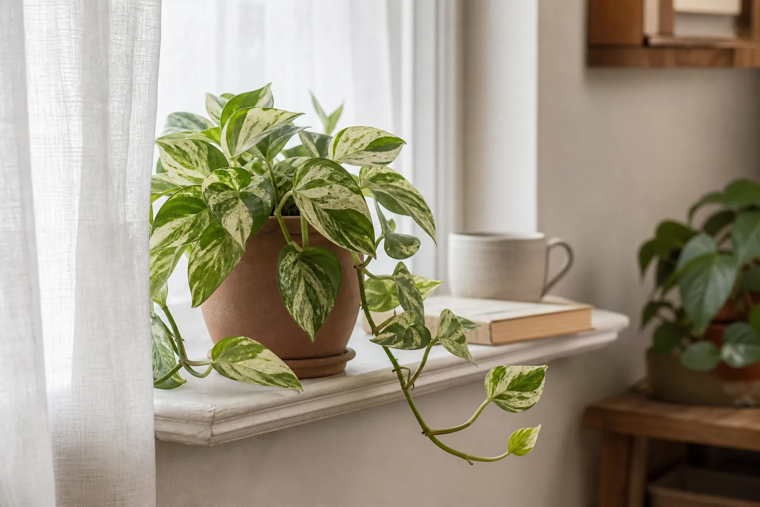 Variegated pothos on a bright windowsill with morning light filtering through a sheer curtain