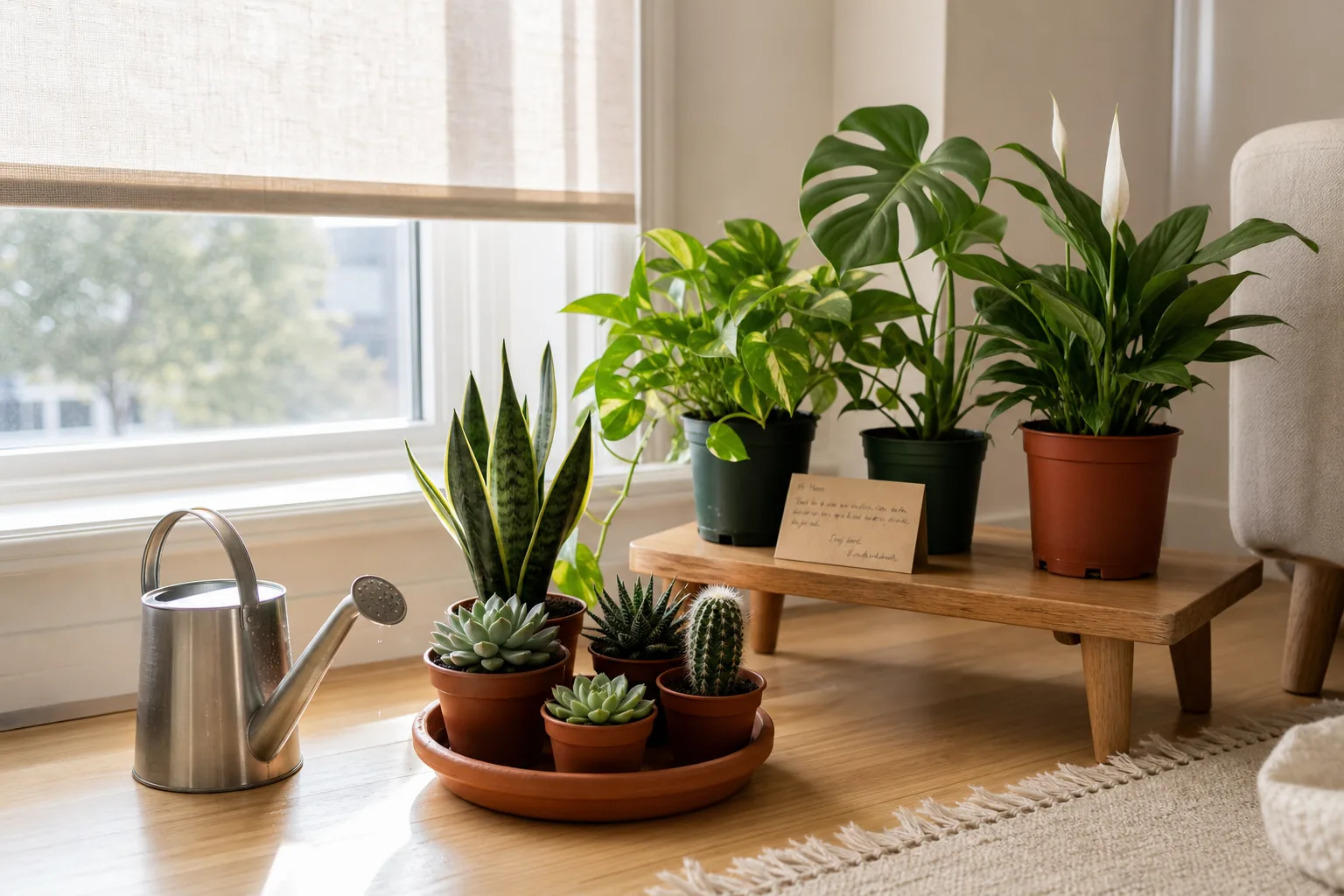 Indoor houseplants grouped by water need near a bright window before a trip