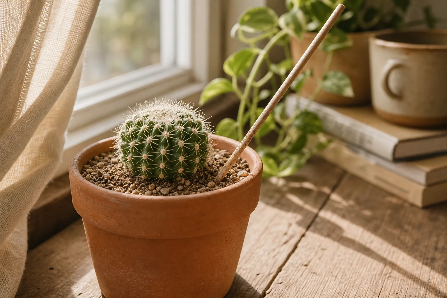 Small desert cactus in an unglazed terracotta pot on a sunny windowsill, illustrating the soil-led watering rhythm described in the article.