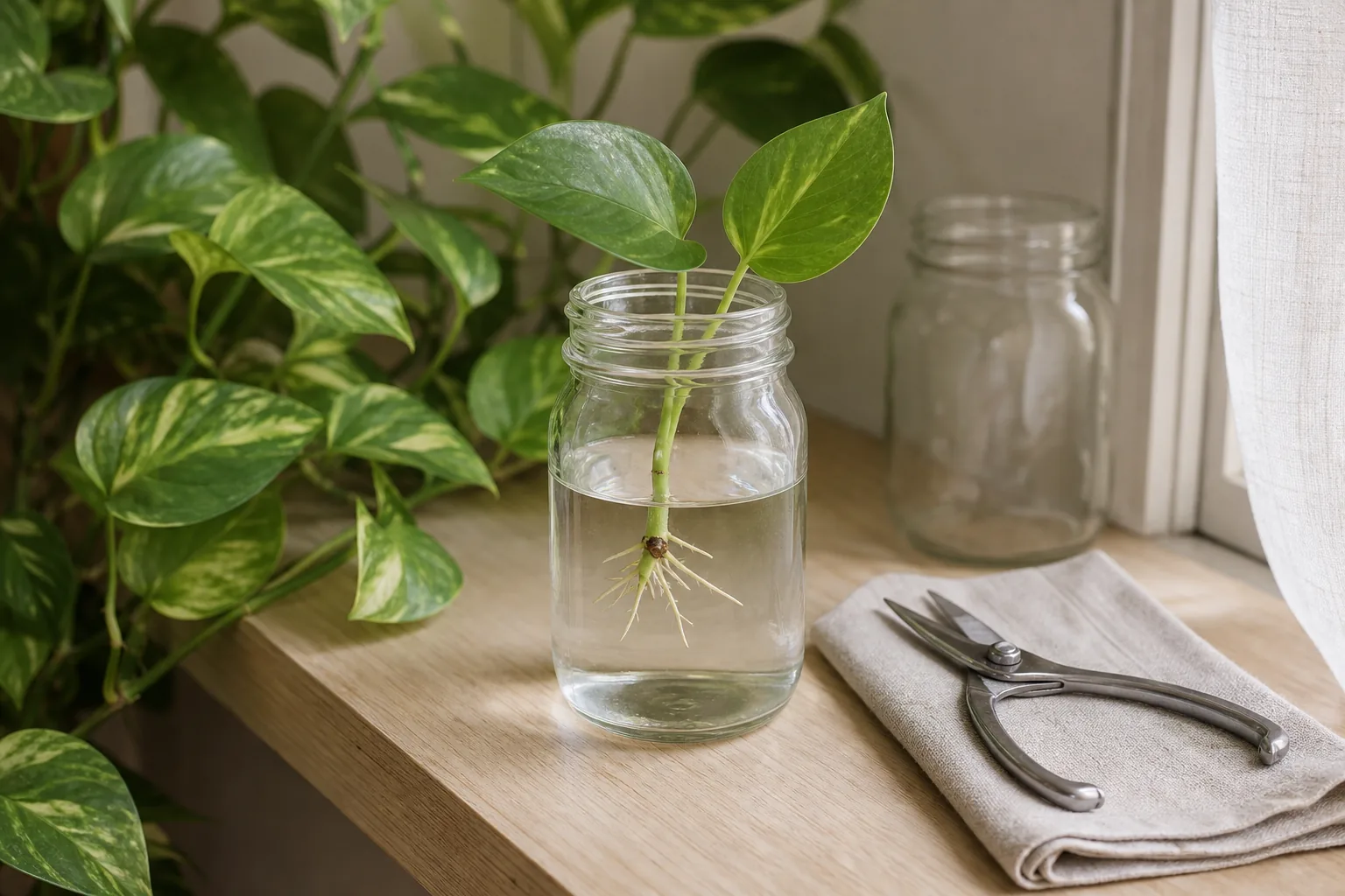 A clear glass jar on a bright windowsill holds a single stem cutting with pale, branching roots growing from a submerged node while the leaves stay dry above the waterline.