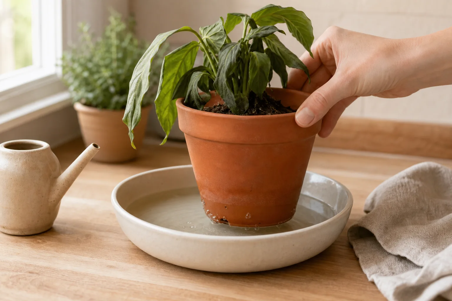 A hand lifting a houseplant pot from a tray of room-temperature water after a bottom-watering soak to rehydrate a dried-out root ball