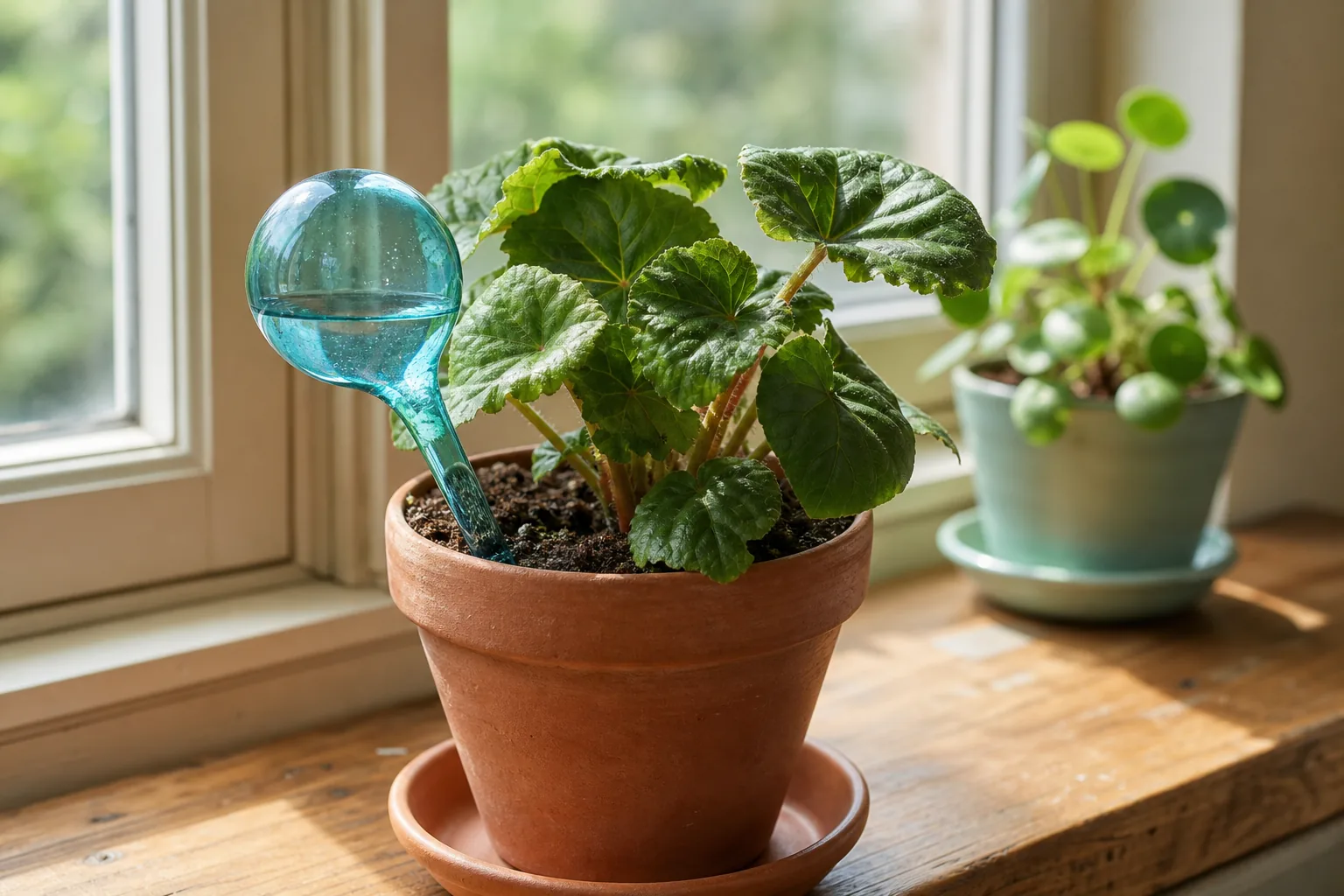 Colored glass watering globe with a long stem inserted into the soil of a small potted houseplant on a bright windowsill