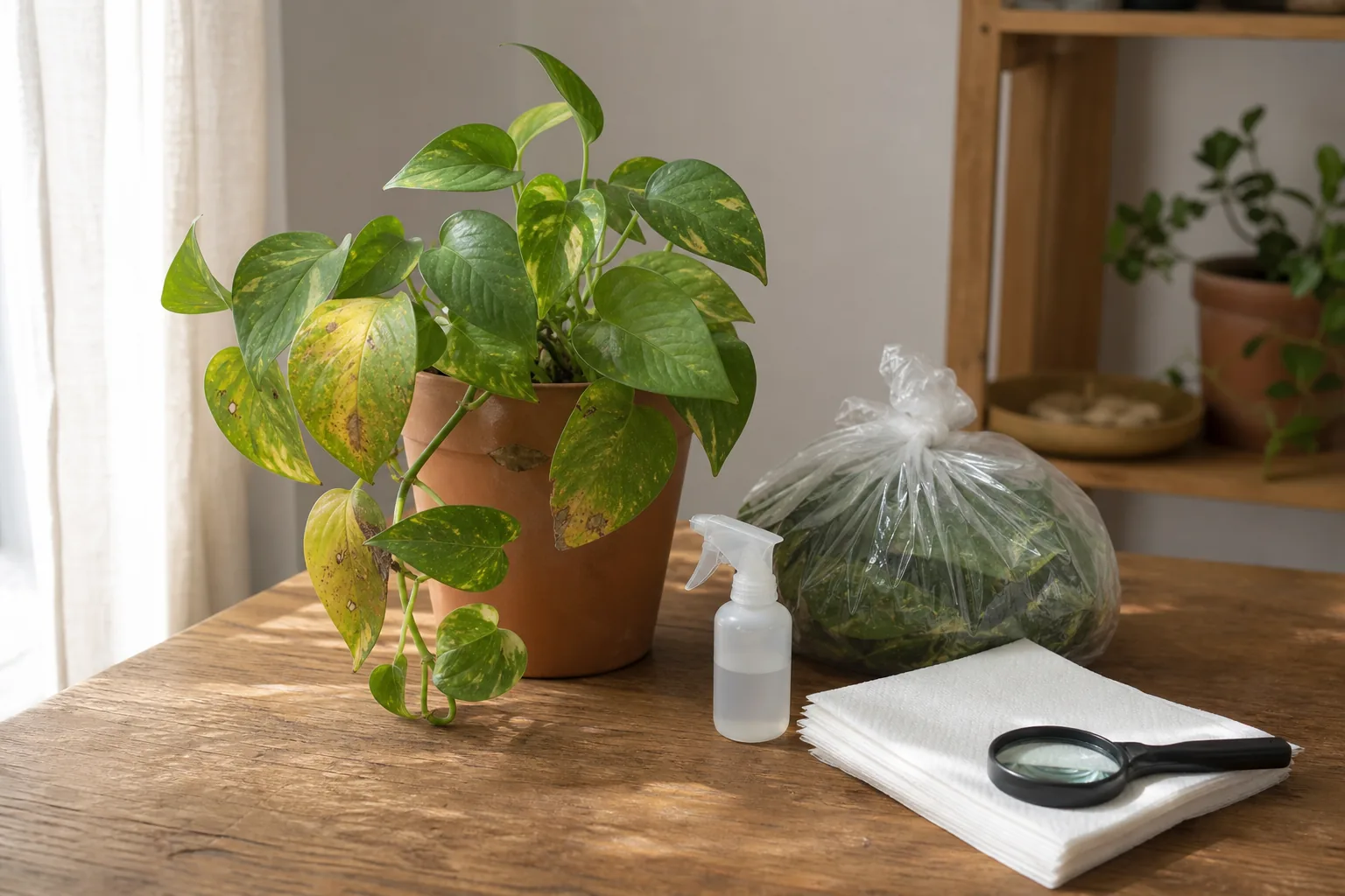 A houseplant being inspected closely on a tabletop next to a sealed plastic bag prepared for safe disposal.