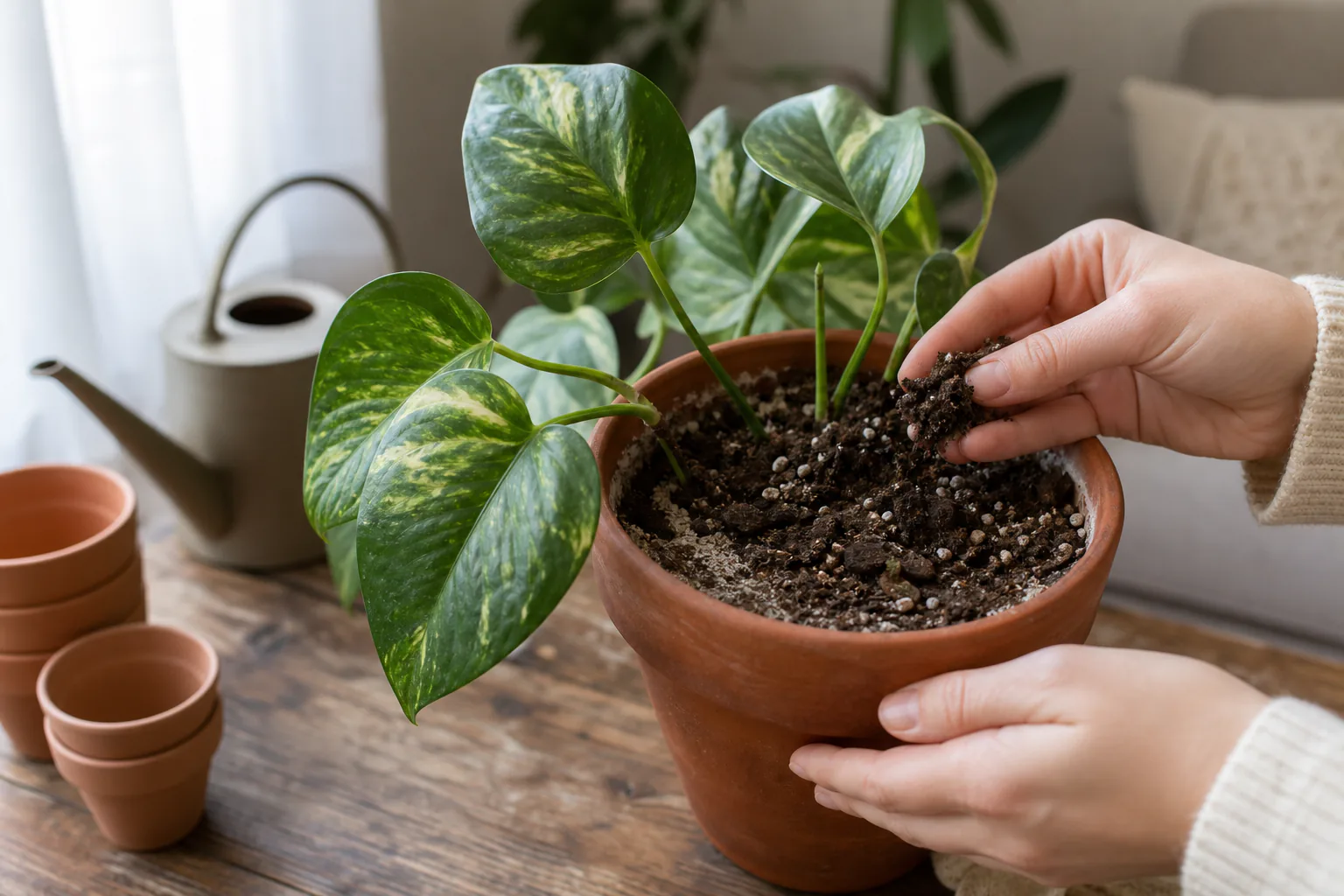 A hand pinching a small amount of compacted houseplant potting mix from the surface of a pot to evaluate its texture and drainage.