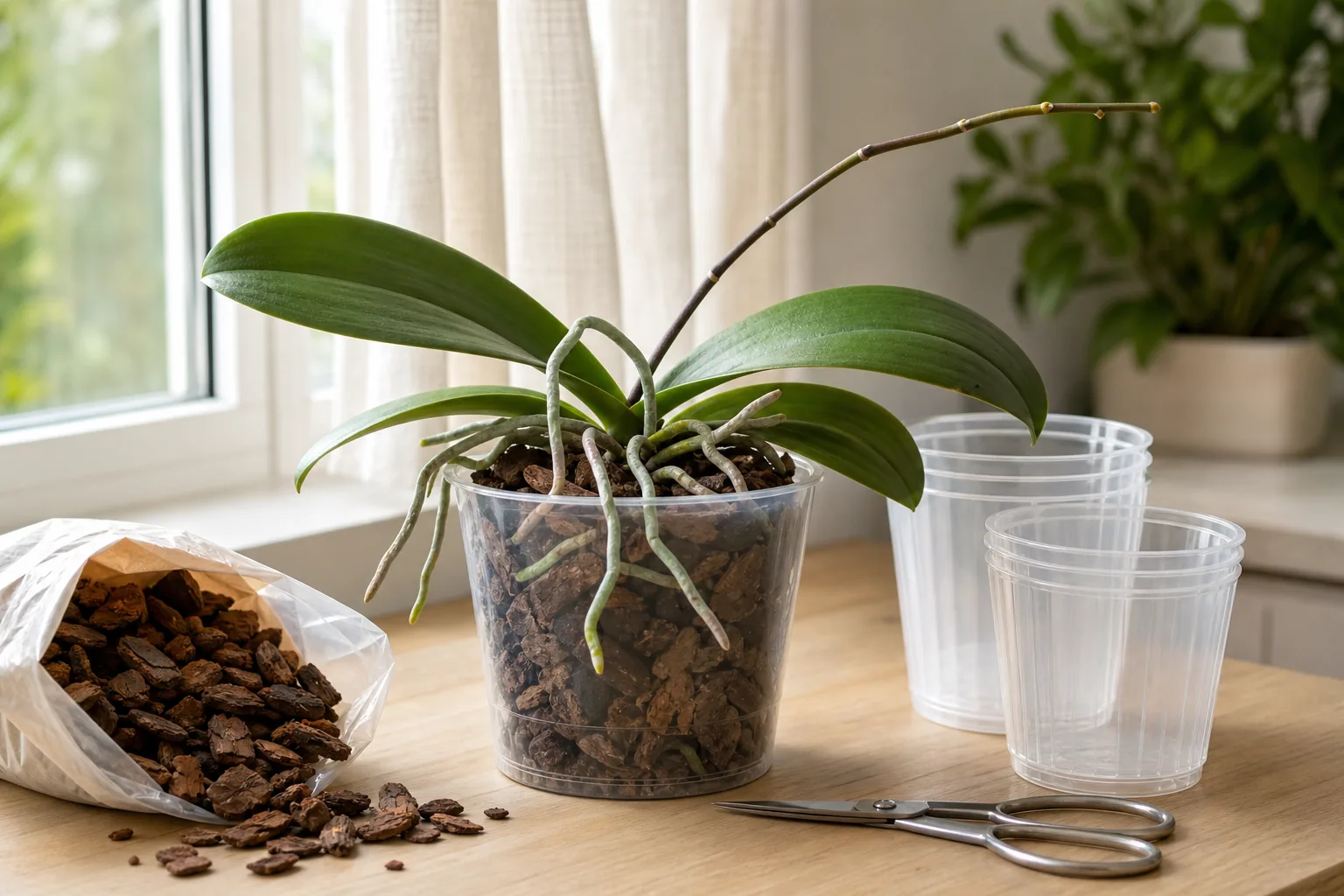 A Phalaenopsis orchid in a clear nursery pot with chunky bark medium and silvery aerial roots over the rim.