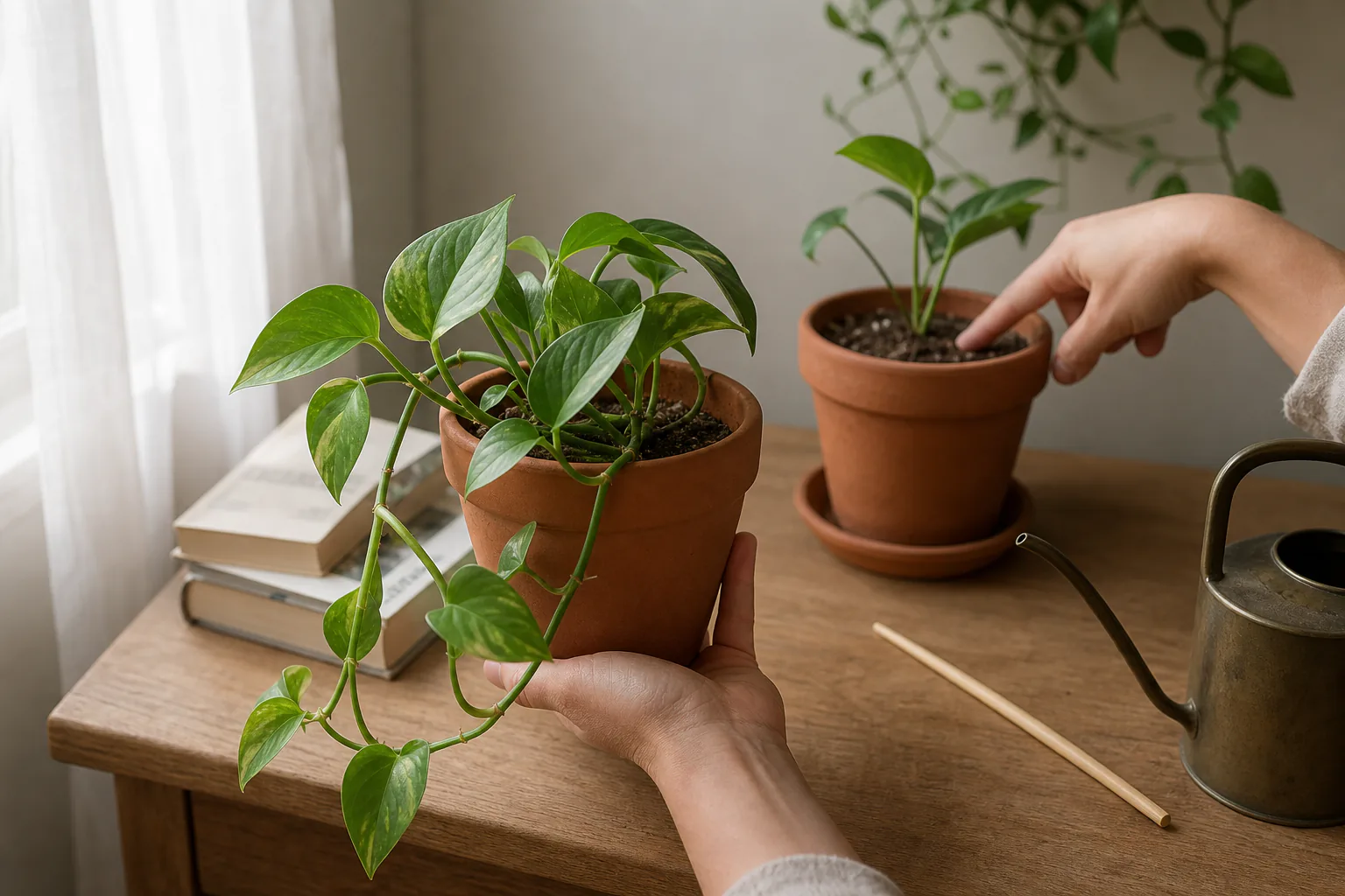 Hands lifting a small terracotta pot while a finger checks indoor houseplant soil moisture near a bright window