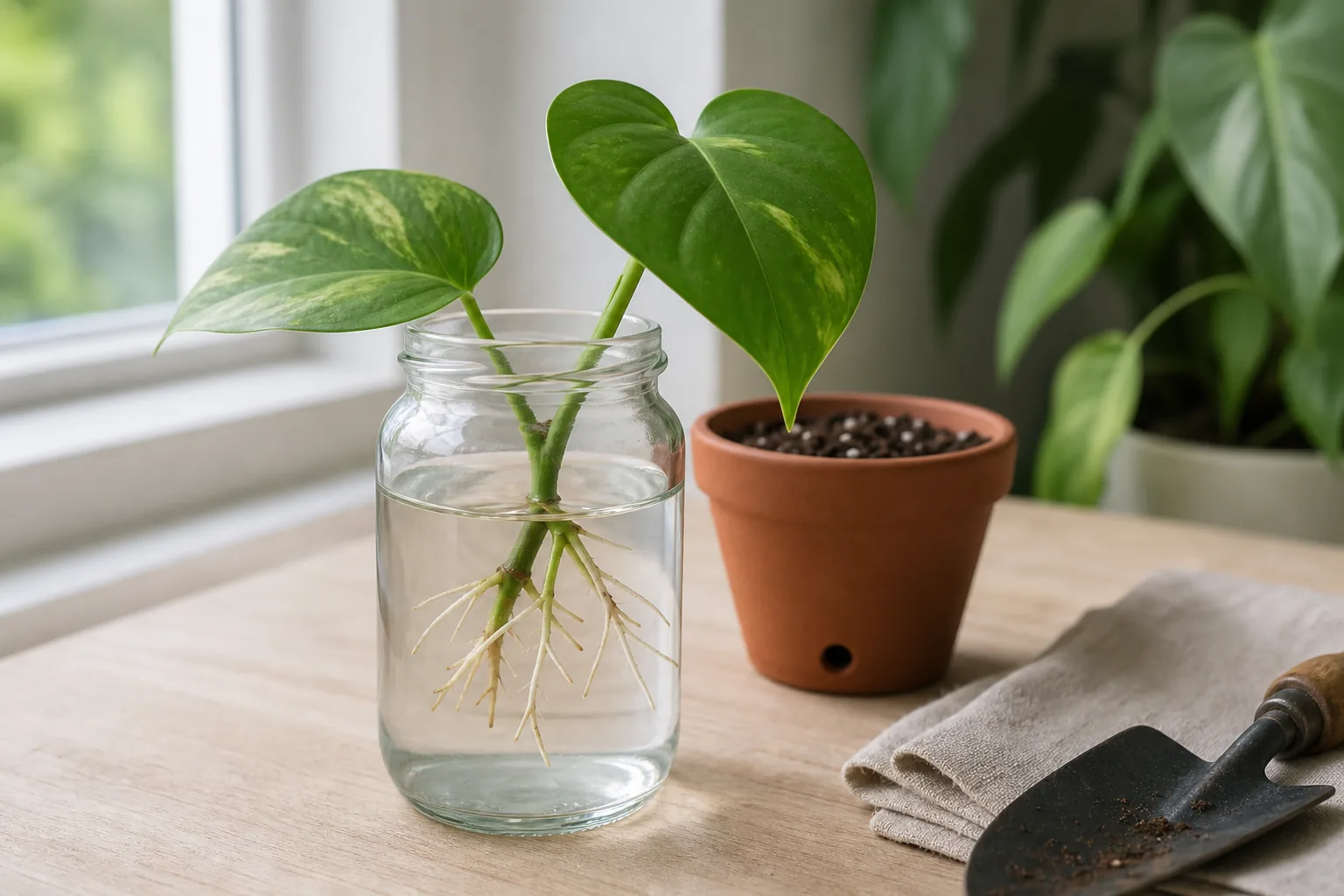A glass jar with a leafy cutting showing pale, branched water roots forming near the node.