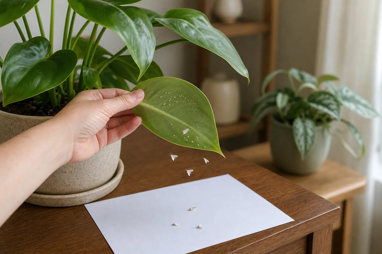 A hand gently tapping a houseplant leaf over white paper, with a small cluster of tiny white moth-like insects visible near the leaf surface