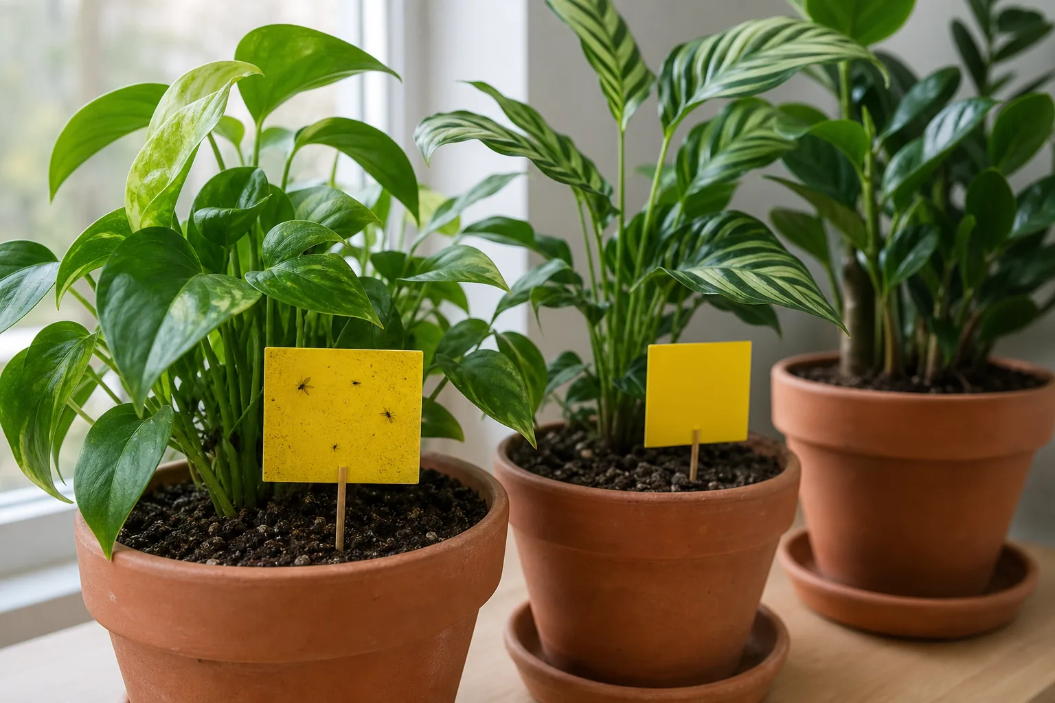 Small yellow sticky card placed near the soil of a potted houseplant with two small dark fungus gnats caught on the adhesive surface.